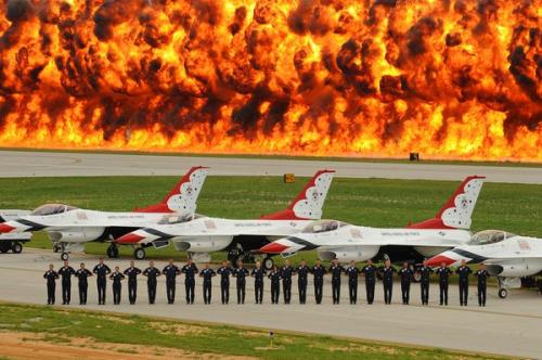 Thunderbirds lined up on flight line 